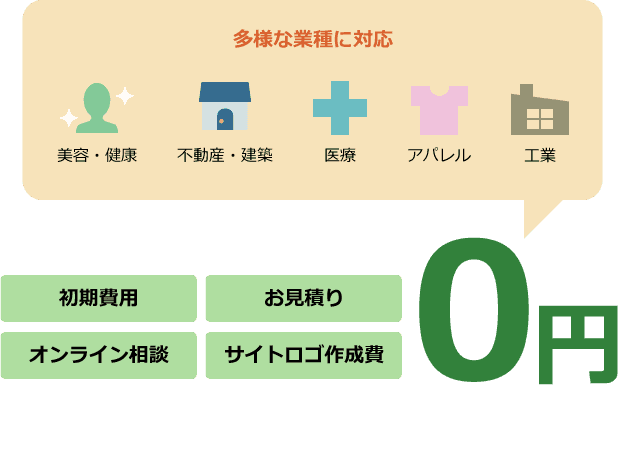 多様な業種に対応。初期費用・お見積り・オンライン相談・サイトロゴ作成費0円